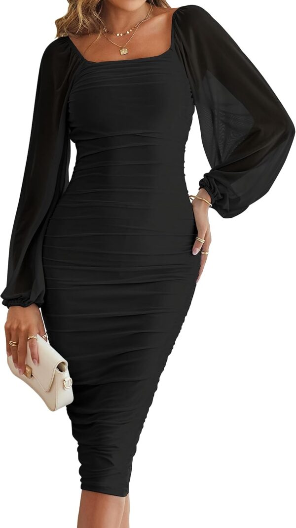 Women Long Puff Sleeve Ruched Bodycon Dress Square Neck Mesh Cocktail Party Midi Dresses