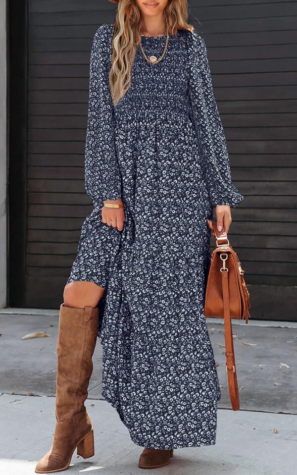 Women Spring Dresses 2025 Long Sleeve Flowy Casual Floral Maxi Dress Crew Neck Smocked Tiered Long Dress - Image 2