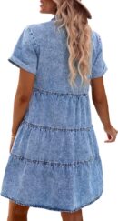 Denim Dress for Women Babydoll Tiered Short Sleeve Button Down Jean Shirt Dresses