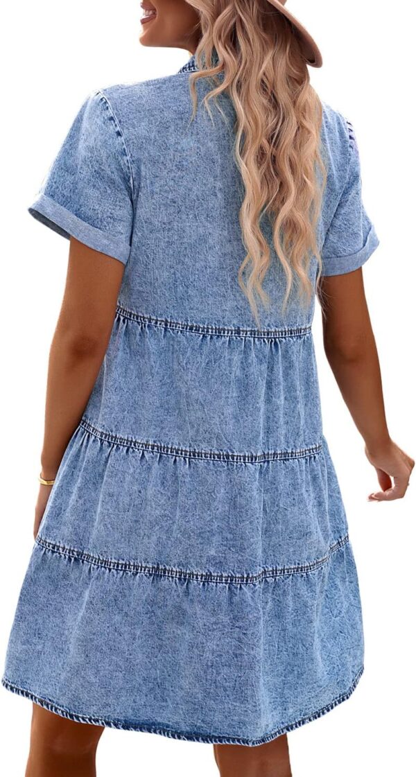 Denim Dress for Women Babydoll Tiered Short Sleeve Button Down Jean Shirt Dresses - Image 2