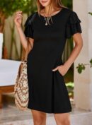Women 2025 Summer Ruffle Edge Sleeve Dresses Floral Casual Beach Mini Dress with Pocket