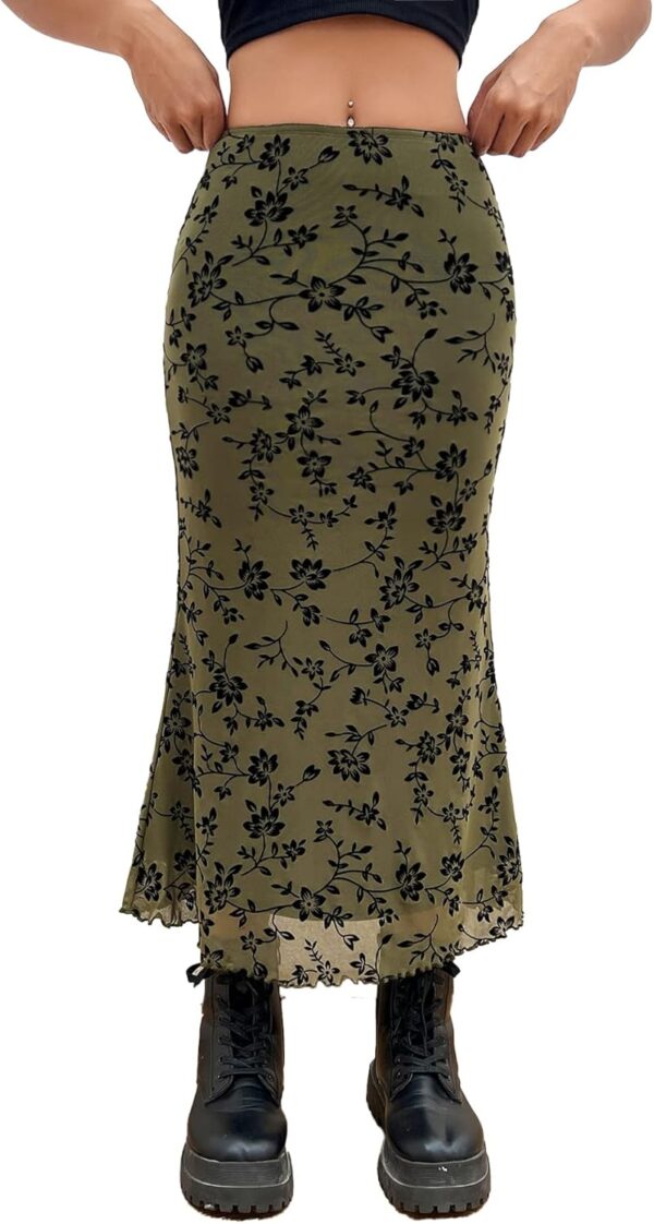 Women Lettuce Trim High Waist Mesh Fishtail Bodycon Long Skirt