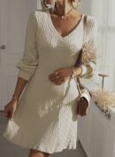 Work Dresses for Women 2025 Trendy Spring Dresses V Neck Knit A Line Long Sleeve Dress Sweater Dress