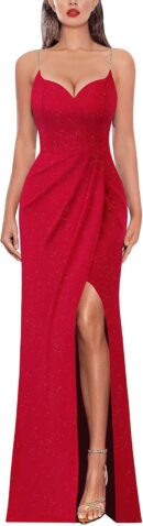 Women Sexy Formal Ruched Fitted High Slit Bodycon Maxi Dress Spaghetti Strap Sweetheart Cocktail Prom Evening Gown