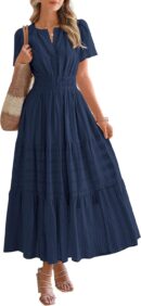 Women Summer 2025 Casual Midi Maxi Dresses Lightweight Short Sleeve V Neck Elastic Waist Boho Beach Dress Pockets
