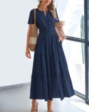 Women Summer 2025 Casual Midi Maxi Dresses Lightweight Short Sleeve V Neck Elastic Waist Boho Beach Dress Pockets