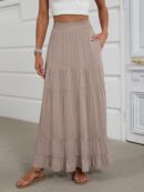 Women Maxi Skirt Elastic High Waist Swing Tiered A-line Flowy Pleated Boho Beach Vacation Long Skirts