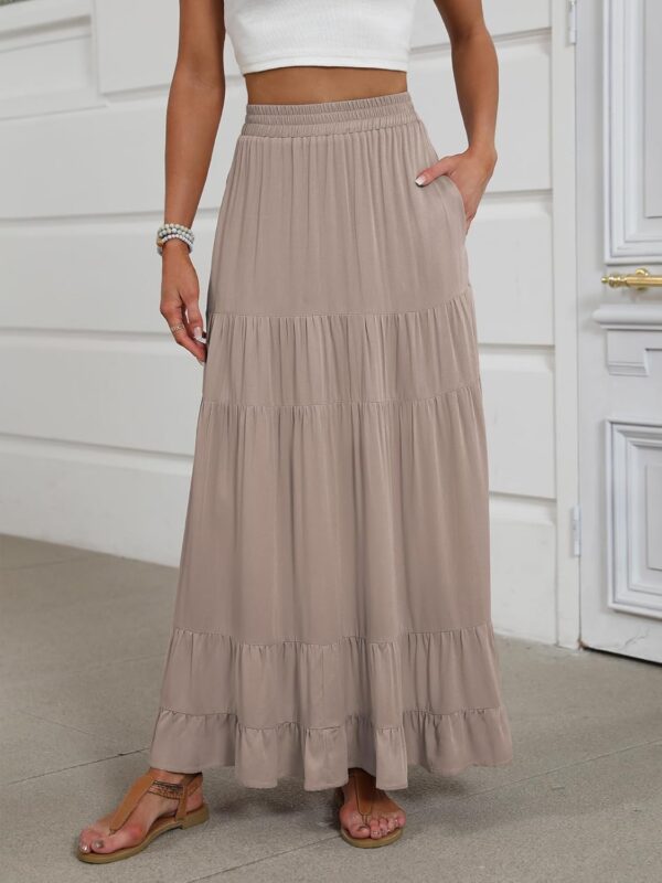 Women Maxi Skirt Elastic High Waist Swing Tiered A-line Flowy Pleated Boho Beach Vacation Long Skirts - Image 2