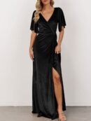Women V Neck Wrap Velvet Maxi Dress Bell Sleeve Split Bridesmaid Cocktail Party Dresses