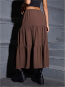 Women Maxi Skirt Elastic High Waist Ruffle Hem Casual Long Skirts
