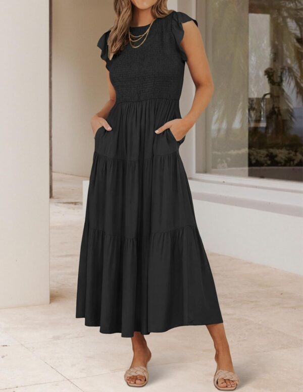 Women 2025 Summer Casual Flutter Short Sleeve Crew Neck Smocked Elastic Waist Tiered Midi Dress - Image 2