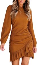 Women Knit Ruched Mini Fall Dress Smocked Ruffle Hem Crew Neck Long Sleeve Bodycon Casual Summer Autumn Dresses