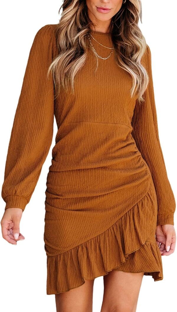 Women Knit Ruched Mini Fall Dress Smocked Ruffle Hem Crew Neck Long Sleeve Bodycon Casual Summer Autumn Dresses