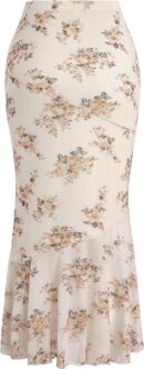 Women Floral Print High Waist Bodycon Ruffle Hem Fishtail Long Skirt