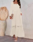 Women 2025 Boho Long Sleeve Square Neck Smocked High Waist Flowy A Line Lace Trim Maxi Dress