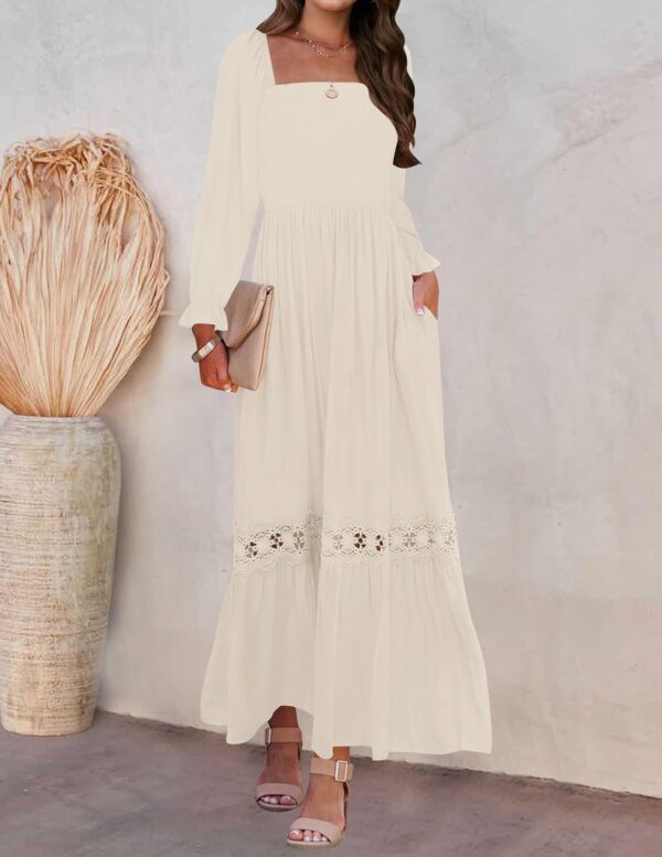 Women 2025 Boho Long Sleeve Square Neck Smocked High Waist Flowy A Line Lace Trim Maxi Dress - Image 2