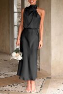 Women 2025 Summer Satin Dress Elegant Sleeveless Mock Neck Cocktail Party Maxi Dresses