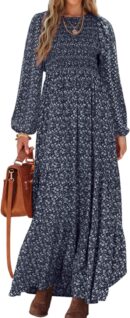Women Spring Dresses 2025 Long Sleeve Flowy Casual Floral Maxi Dress Crew Neck Smocked Tiered Long Dress