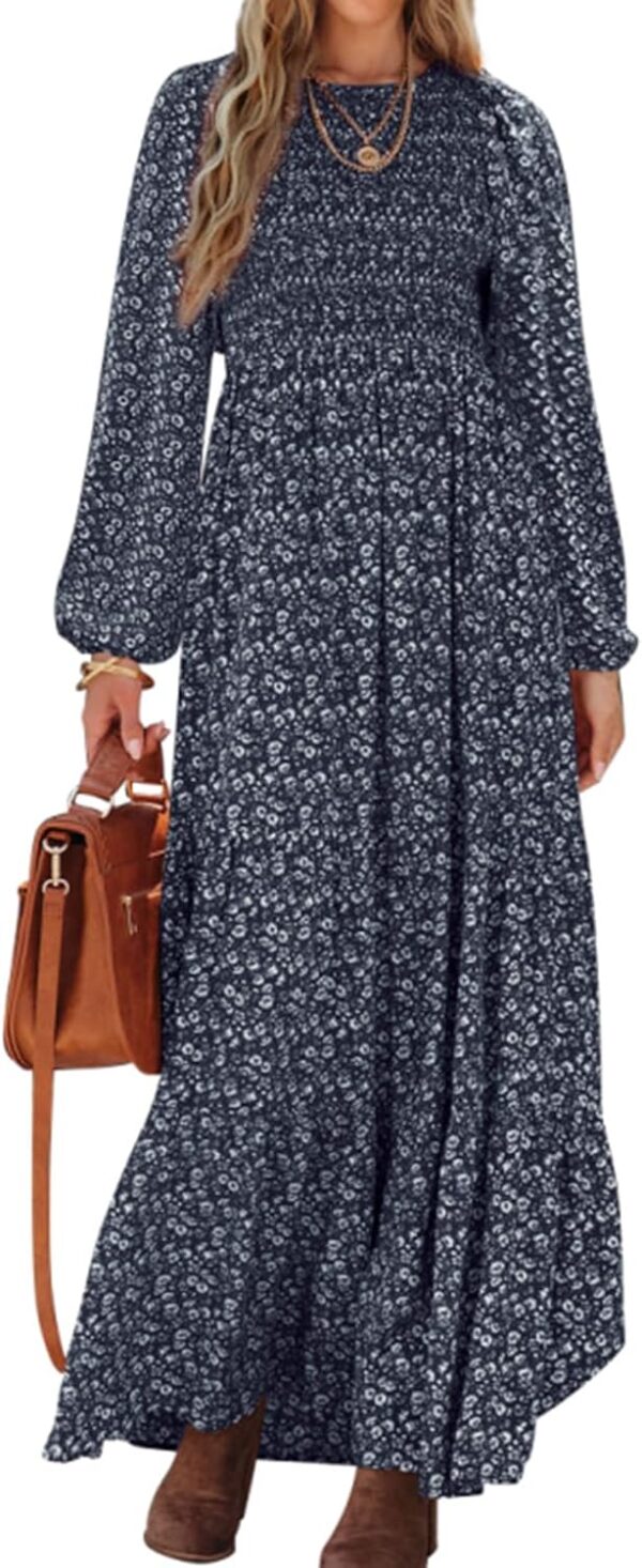 Women Spring Dresses 2025 Long Sleeve Flowy Casual Floral Maxi Dress Crew Neck Smocked Tiered Long Dress