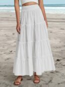 Women Summer Boho Maxi Skirts Smocked High Wasited Flowy Tiered Ruffle A Line Long Beach Skirt