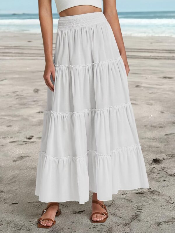 Women Summer Boho Maxi Skirts Smocked High Wasited Flowy Tiered Ruffle A Line Long Beach Skirt - Image 2