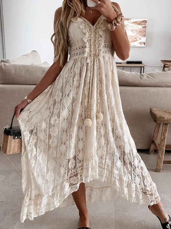 Women Summer Dresses Sleeveless Lace Casual Tassel Beach Spaghetti Straps Flowy Maxi Sun Dress - Image 2