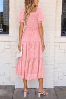 Women Summer Casual Midi Dresses Square Neck Short Sleeve Smocked A Line Floral Flowy Elegant Boho Dress