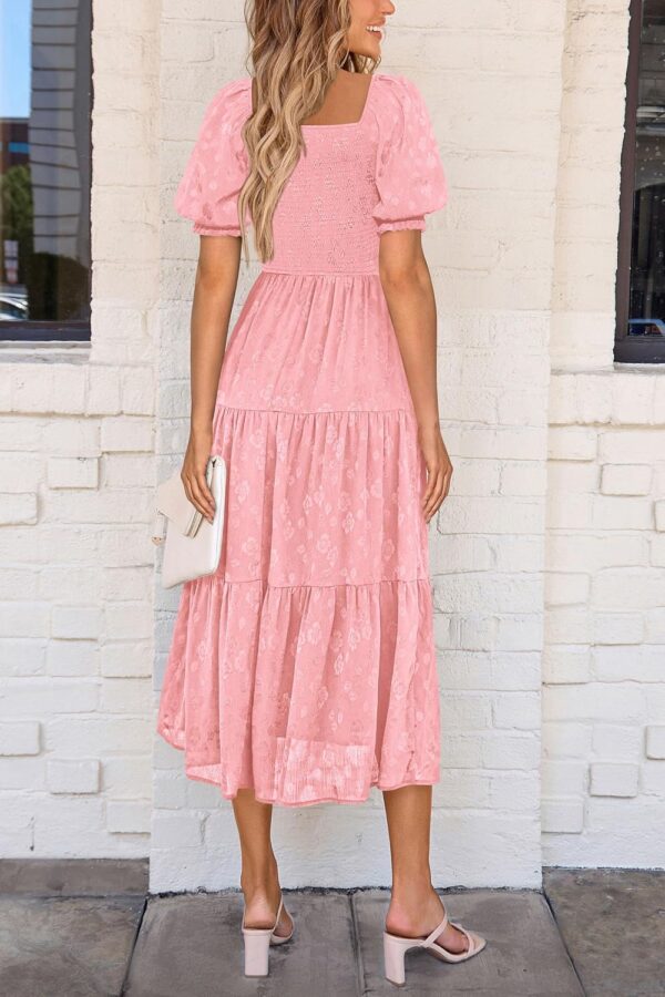 Women Summer Casual Midi Dresses Square Neck Short Sleeve Smocked A Line Floral Flowy Elegant Boho Dress - Image 2
