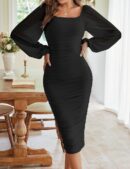 Women Long Puff Sleeve Ruched Bodycon Dress Square Neck Mesh Cocktail Party Midi Dresses