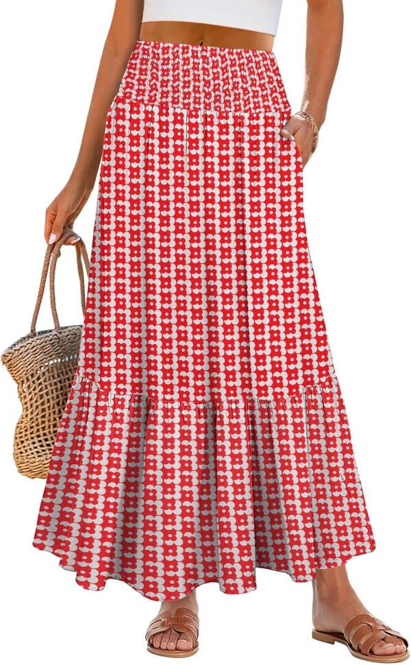Maxi Skirts for Women 2025 Summer Boho Long Flowy Floral Elastic High Waist Skirt Casual Travel Skirt with Pockets