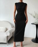 Women Ruched Bodycon Dress Summer Casual Sleeveless Back Slit Elegant Club Evening Party Cocktail Maxi Dresses