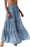 Women Floral Print Elastic High Waist Pleated Ruffle Flowy Long Skirts