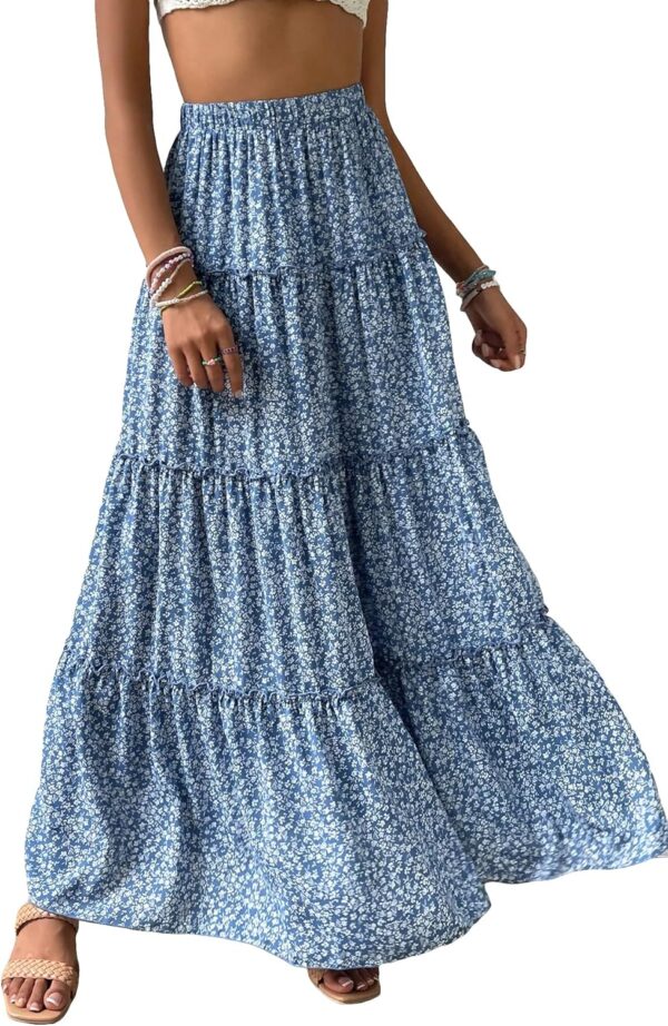 Women Floral Print Elastic High Waist Pleated Ruffle Flowy Long Skirts