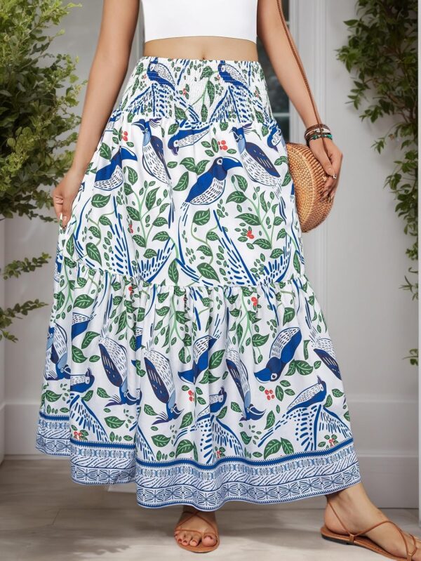 Women Boho Skirt Elastic High Waist Pleated A-Line Flared Maxi Skirts Women Flowy Long Skirts - Image 2