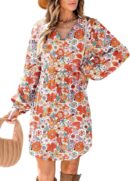 Women V Neck Floral Embroidered Lace Trim Mini Dress Long Peasant Sleeves Flowy Dress Fall Dresses