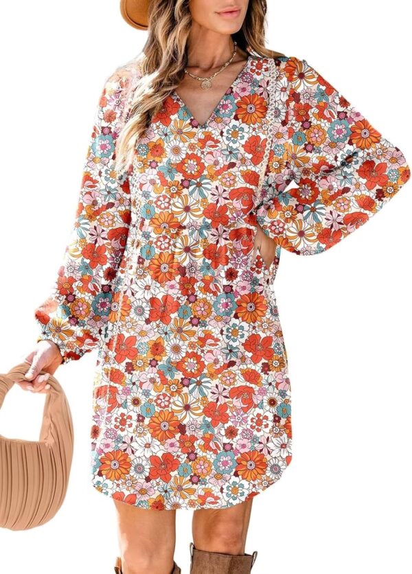 Women V Neck Floral Embroidered Lace Trim Mini Dress Long Peasant Sleeves Flowy Dress Fall Dresses
