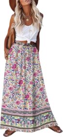 Women 2025 Boho Floral Skirt Casual Elastic High Waist Maxi Skirts Flowy A Line Beach Long Skirt with Side Pockets