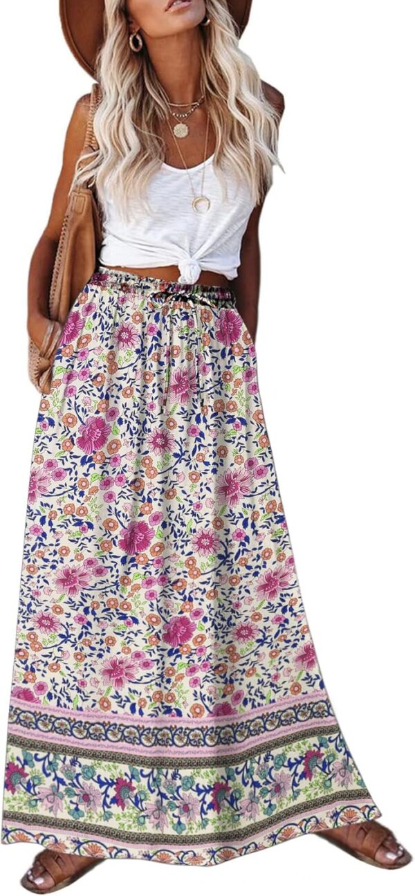 Women 2025 Boho Floral Skirt Casual Elastic High Waist Maxi Skirts Flowy A Line Beach Long Skirt with Side Pockets