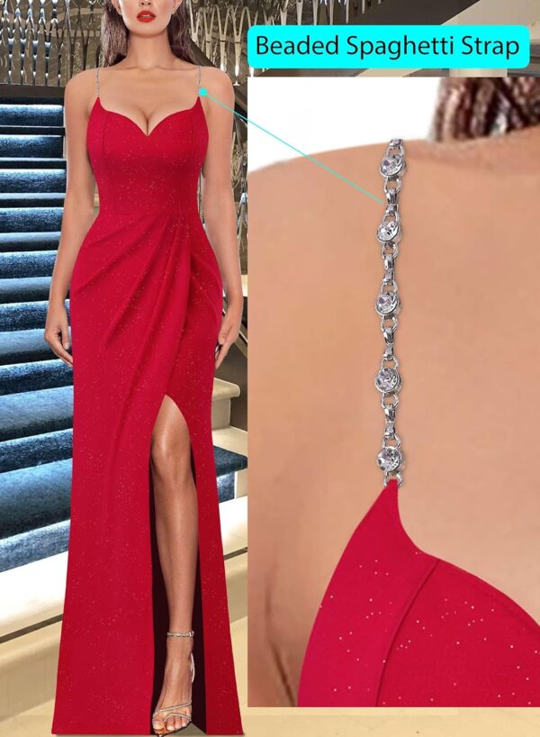 Women Sexy Formal Ruched Fitted High Slit Bodycon Maxi Dress Spaghetti Strap Sweetheart Cocktail Prom Evening Gown - Image 2