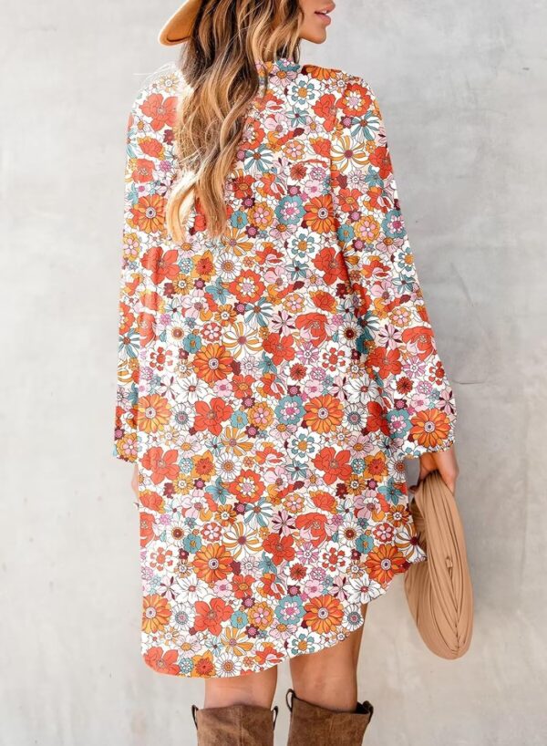 Women V Neck Floral Embroidered Lace Trim Mini Dress Long Peasant Sleeves Flowy Dress Fall Dresses - Image 2