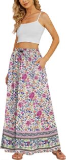 Women 2025 Boho Floral Skirt Casual Elastic High Waist Maxi Skirts Flowy A Line Beach Long Skirt with Side Pockets