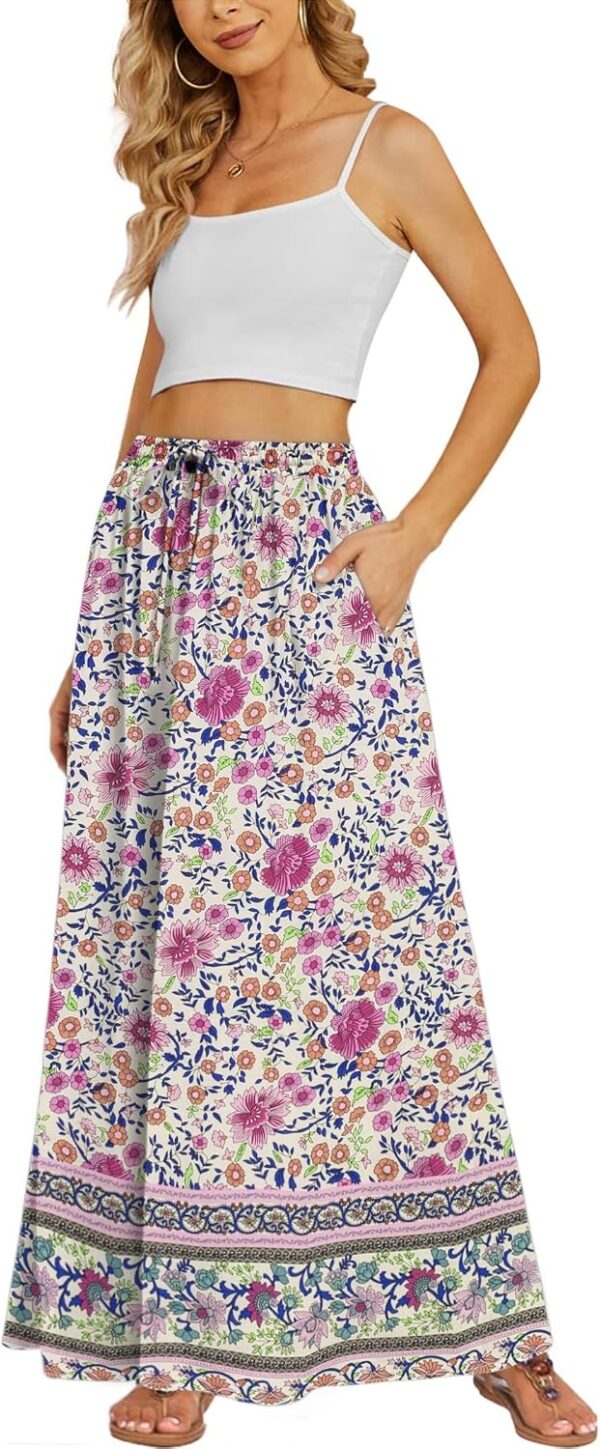Women 2025 Boho Floral Skirt Casual Elastic High Waist Maxi Skirts Flowy A Line Beach Long Skirt with Side Pockets - Image 2