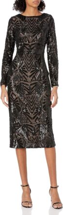 Women  Long Sleeve Stretch Sequin Midi Sheath