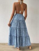 Women Floral Print Elastic High Waist Pleated Ruffle Flowy Long Skirts