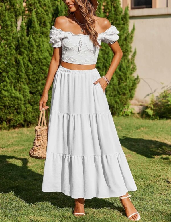 Skirts for Women Summer Boho Casual Maxi Flowy Elastic High Waist A-Line Tiered Swing Floral Long Skirts with Pockets - Image 2