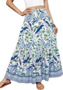 Women Boho Skirt Elastic High Waist Pleated A-Line Flared Maxi Skirts Women Flowy Long Skirts