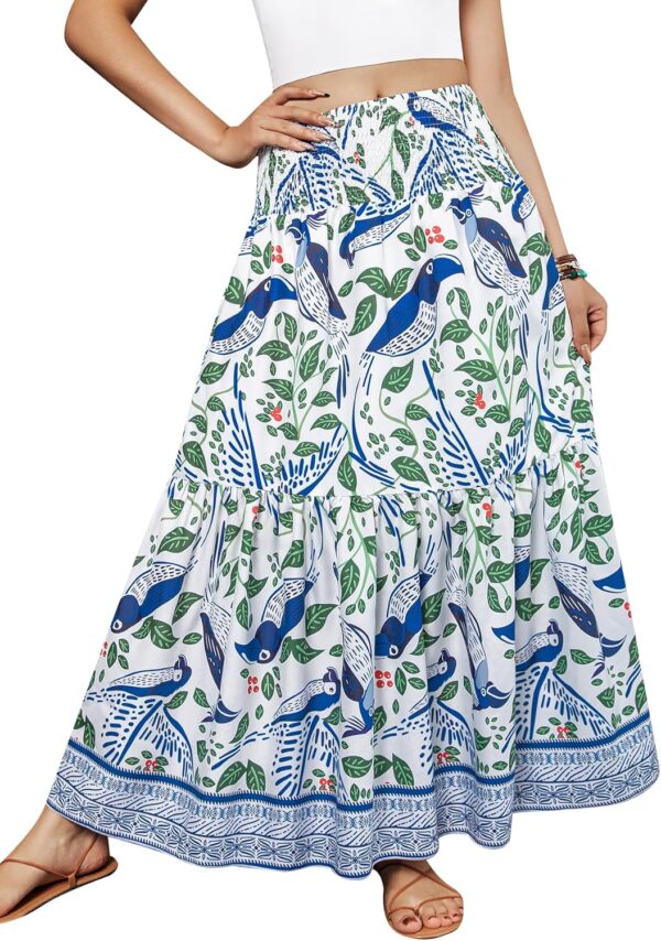 Women Boho Skirt Elastic High Waist Pleated A-Line Flared Maxi Skirts Women Flowy Long Skirts
