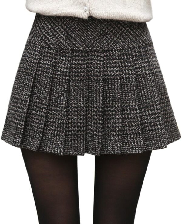 Women Casual Plaid High Waist A-Line Wool Pleated Short Skirt