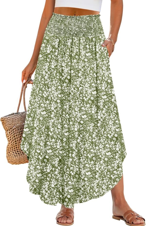 Women Maxi Skirts Summer Boho Floral High Waisted Flowy Swing Pleated Beach Long Skirt with Pockets